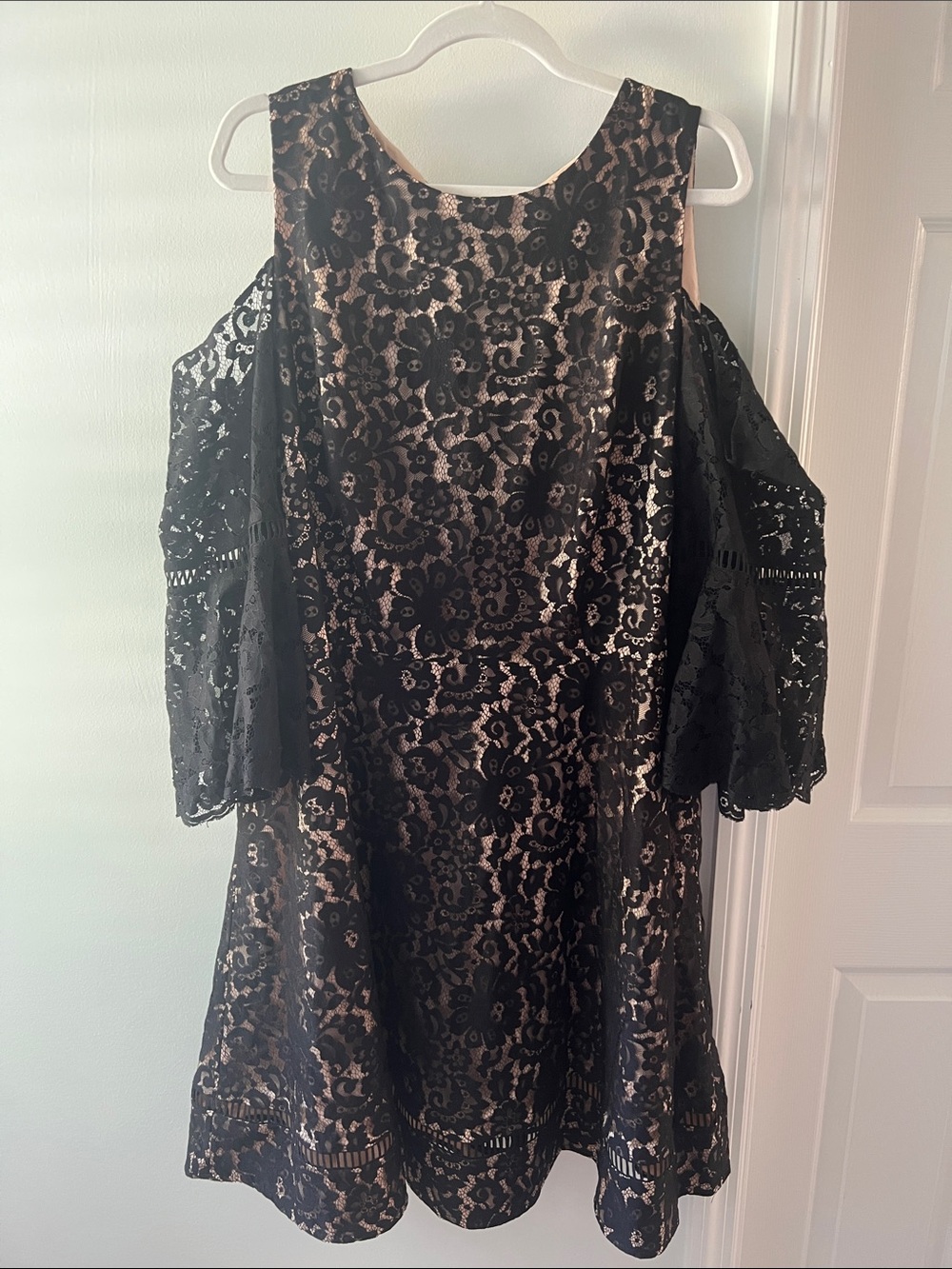 Eliza J Black Lace Cold Shoulder Dress with Nude Blush Lining